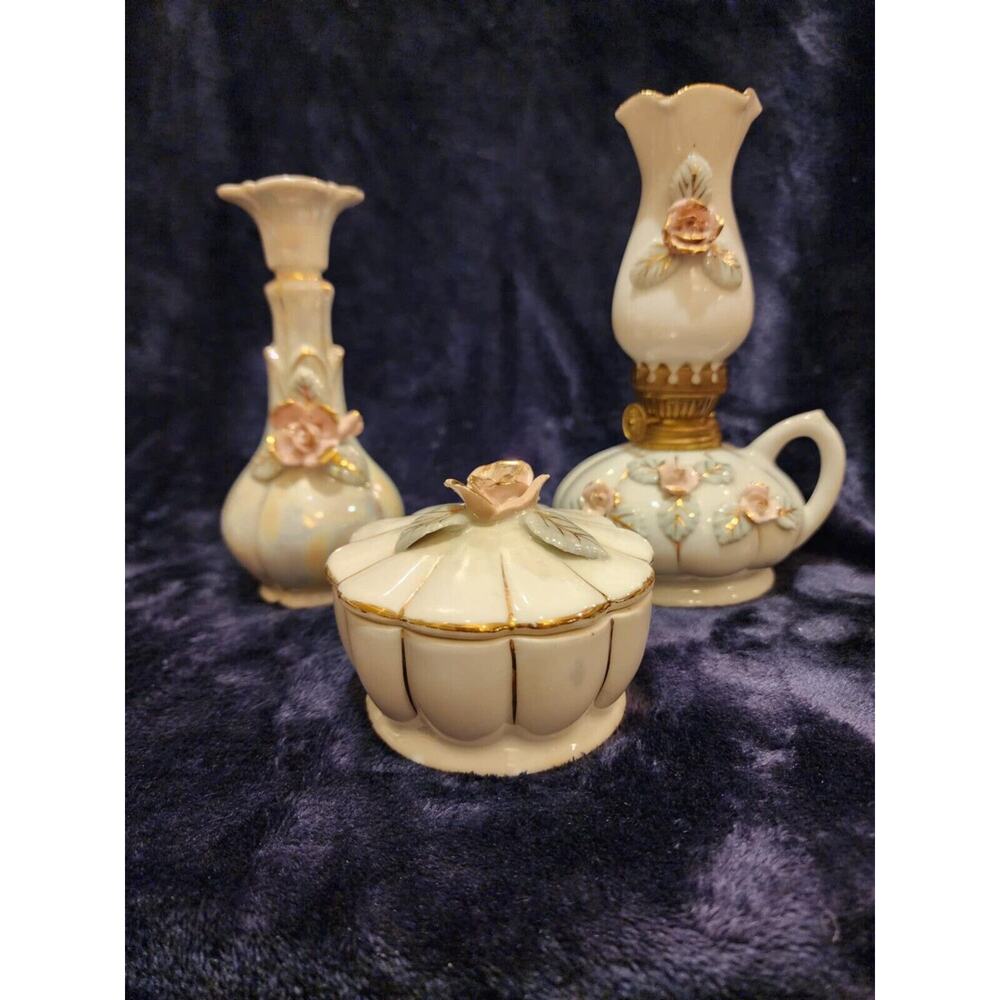 Midcentury Lusterware Mini Oil Lamp Multi Color Flowers, Bud Vase & Trinket Dish